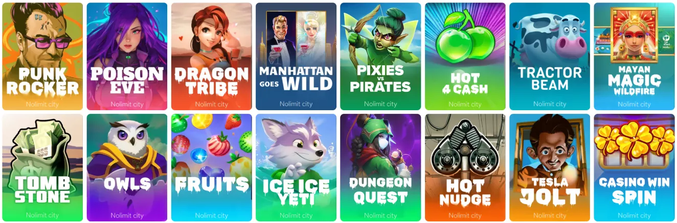 A wide selection of Nolimit City slots at Valor casino, including Punk Rocker, Poison Eve, and Tombstone