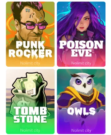 Valor casino mobile slots selection from Nolimit City, featuring Punk Rocker, Poison Eve, and Tombstone