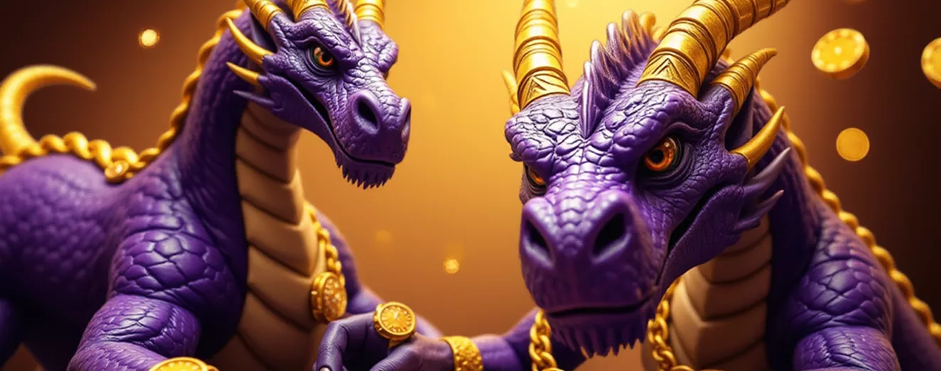 Valor casino bonus image with two dragon mascots in a golden setting with coins