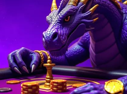 Valor casino dragon mascot sitting at a gaming table with casino chips and a gold coin