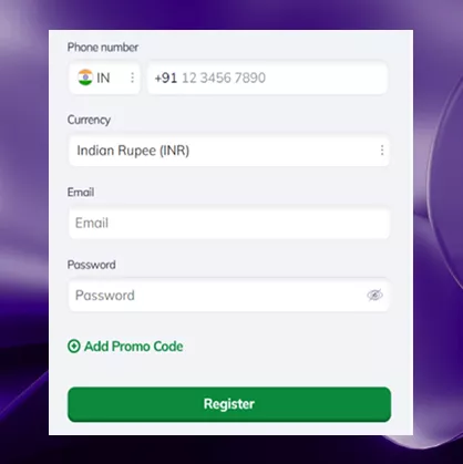 Valor casino registration form for Indian players, showing fields for phone number, currency (INR), email, and password