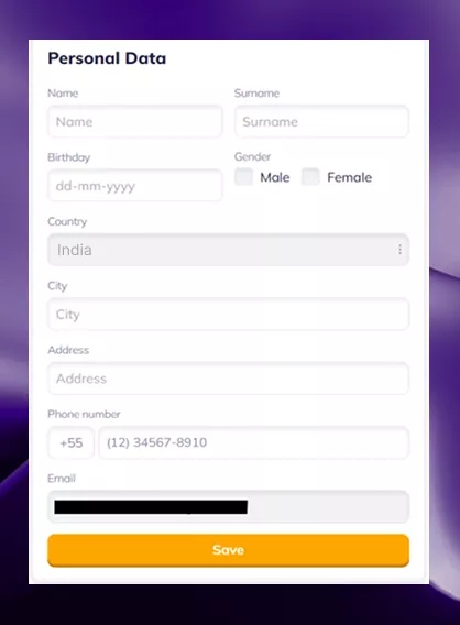 Valor casino personal data verification form for Indian players